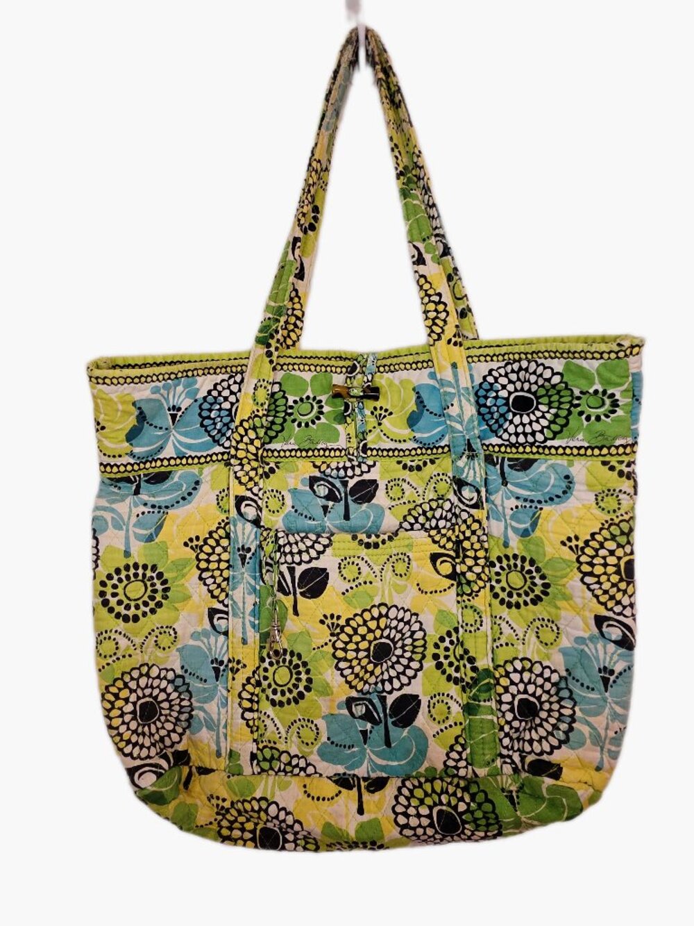 Vera Bradley Limes Up Large Tote Bag Quilted Floral Green Blue Cotton Flawed